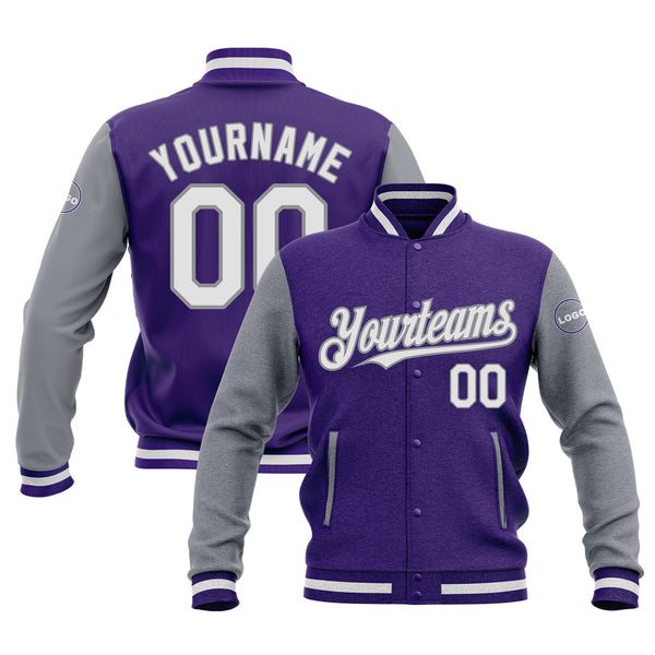 Custom Purple White-Gray Classic Style Bomber Varsity Letterman Embroidered Jacket