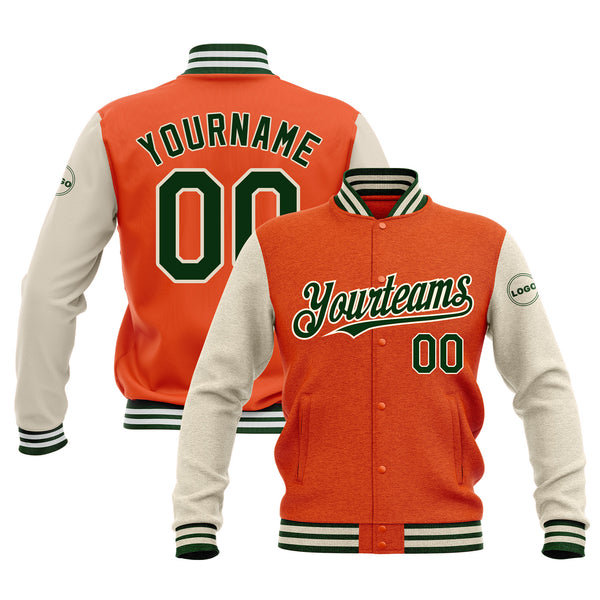 Custom Orange Green-Cream Classic Style Two Tone Bomber Varsity Letterman Embroidered Jacket