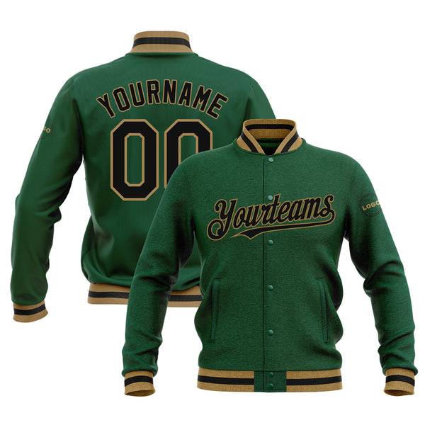 Custom Kelly Green Black-Old Gold Bomber Varsity Letterman Embroidered Jacket