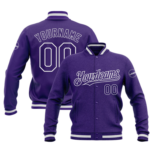 Custom Purple Purple-White Classic Style Bomber Varsity Letterman Embroidered Jacket