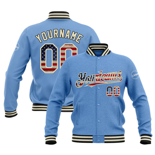 Custom Light Blue Vintage USA Flag Cream-Black Classic Style Bomber Varsity Letterman Embroidered Jacket