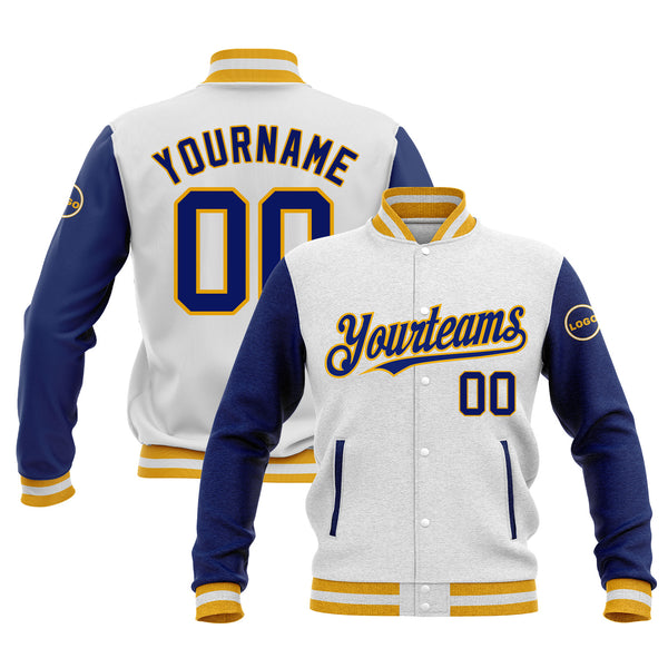 Custom White Royal-Gold Classic Style Two Tone Bomber Varsity Letterman Embroidered Jacket