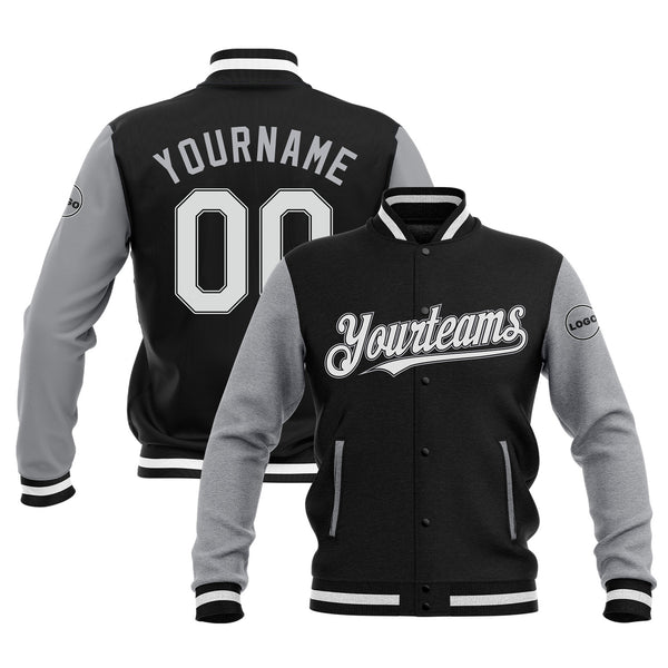 Custom Black White-Gray Two Tone Full-Snap Bomber Varsity Letterman Embroidered Jacket