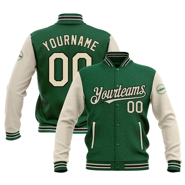 Custom Kelly Green Cream-Black Classic Style Two Tone Bomber Varsity Letterman Embroidered Jacket
