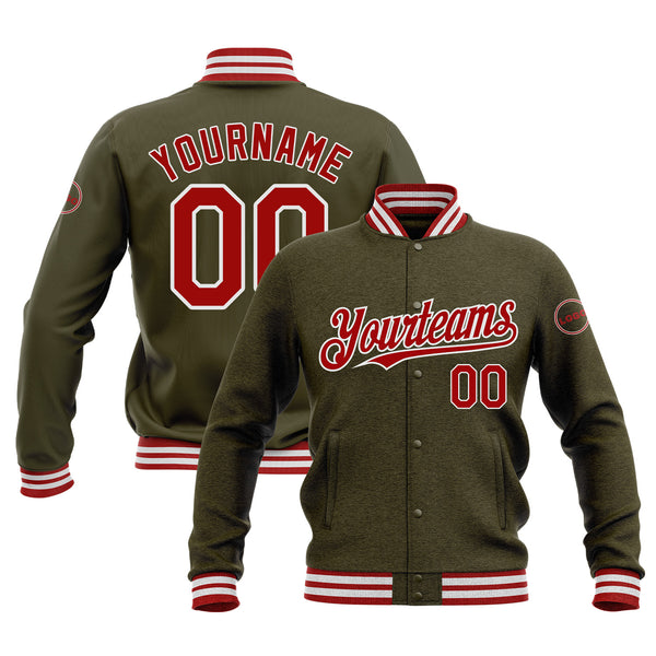 Custom Olive Red-White Classic Style Bomber Varsity Letterman Embroidered Jacket
