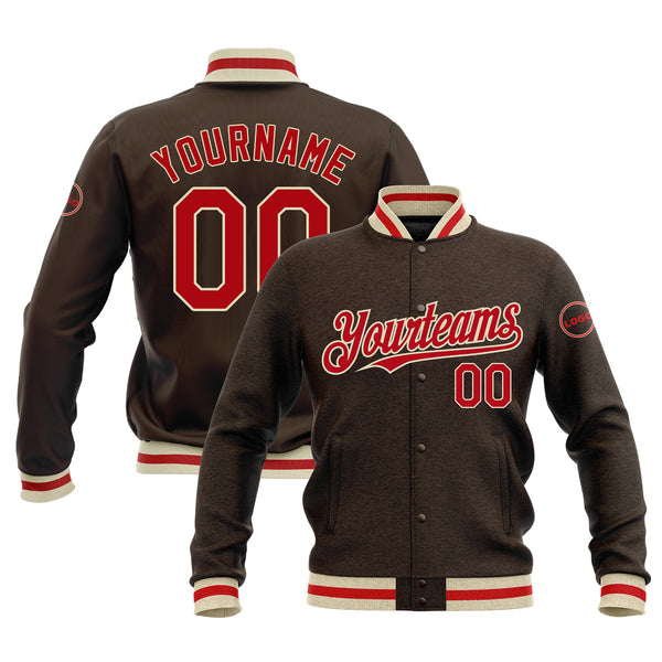 Custom Brown Red-Cream Classic Style Full-Snap Bomber Varsity Letterman Embroidered Jacket