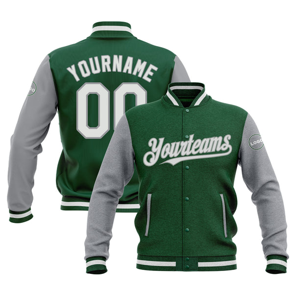 Custom Kelly Green White-Gray Two Tone Bomber Varsity Letterman Embroidered Jacket