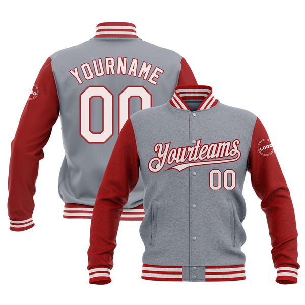 Custom Gray White-Red Classic Style Two Tone Bomber Varsity Letterman Embroidered Jacket