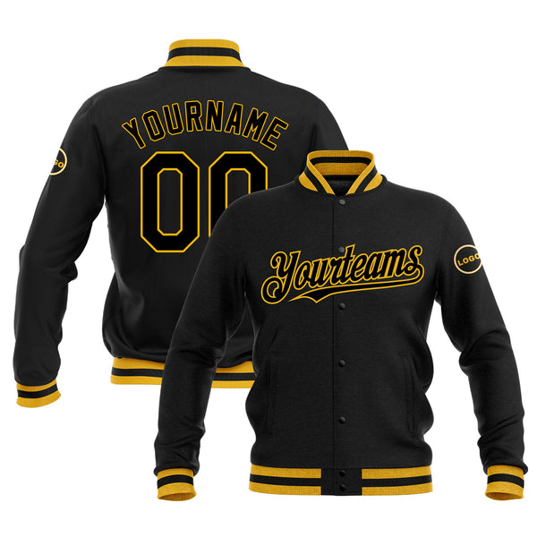Custom Black Black-Gold Full-Snap Bomber Varsity Letterman Embroidered Jacket