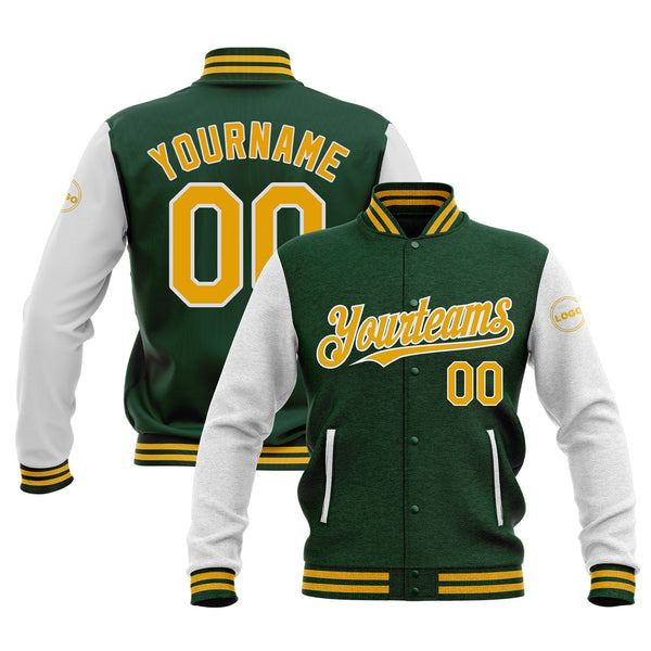 Custom Green Gold-White Classic Style Two Tone Full-Snap Bomber Varsity Letterman Embroidered Jacket