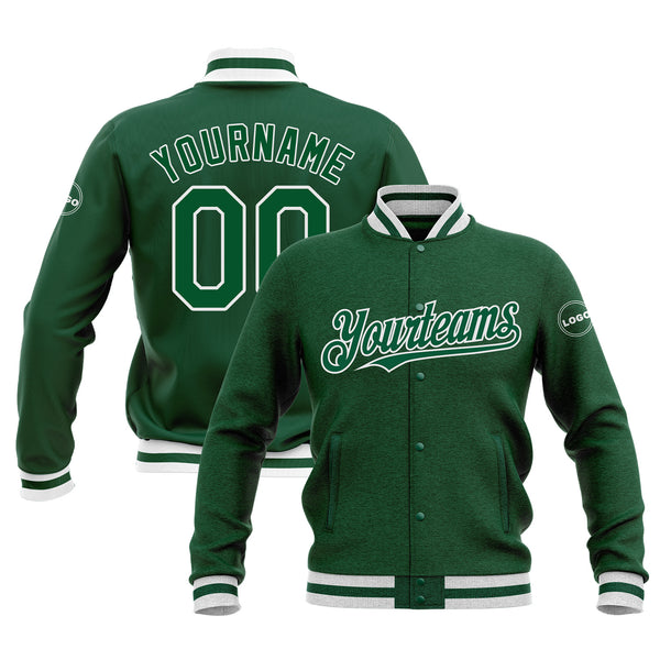 Custom Kelly Green Kelly Green-White Bomber Varsity Letterman Embroidered Jacket