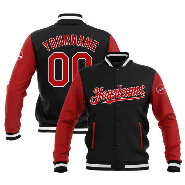 Custom Black Red-White Two Tone Full-Snap Bomber Varsity Letterman Embroidered Jacket