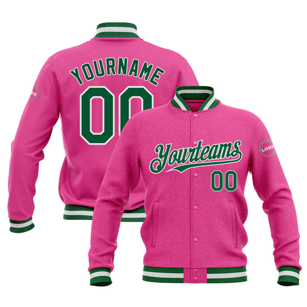 Custom Pink Kelly Green-White Classic Style Bomber Varsity Letterman Embroidered Jacket