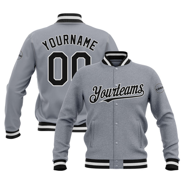 Custom Gray Black-White Full-Snap Bomber Varsity Letterman Embroidered Jacket