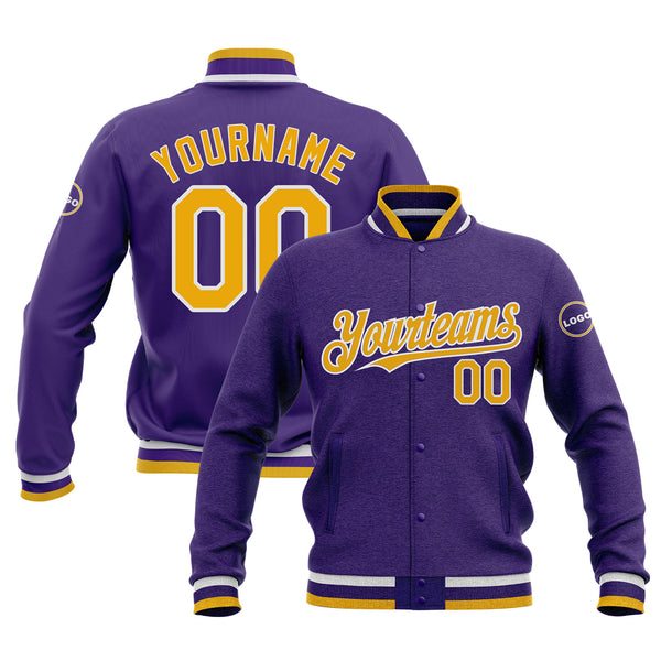 Custom Purple Gold-White Classic Style Bomber Varsity Letterman Embroidered Jacket