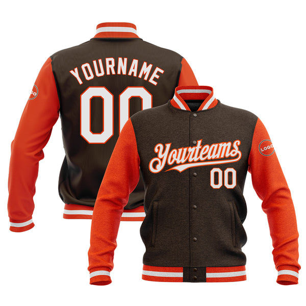 Custom Brown White-Orange Classic Style Two Tone Full-Snap Bomber Varsity Letterman Embroidered Jacket
