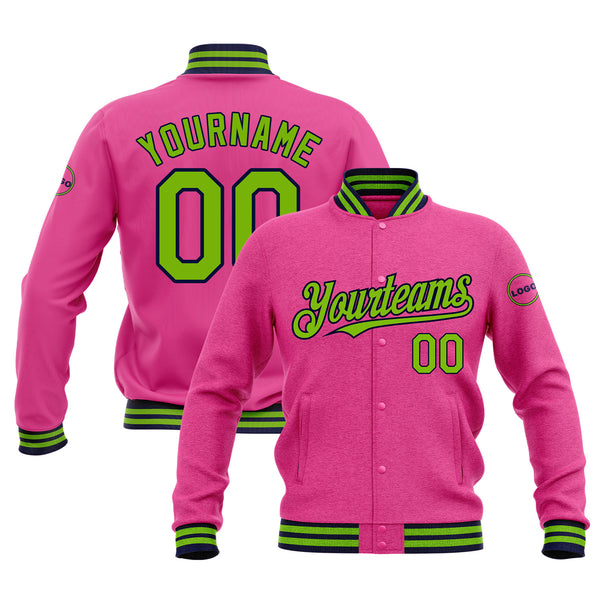 Custom Pink Neon Green-Navy Classic Style Bomber Varsity Letterman Embroidered Jacket