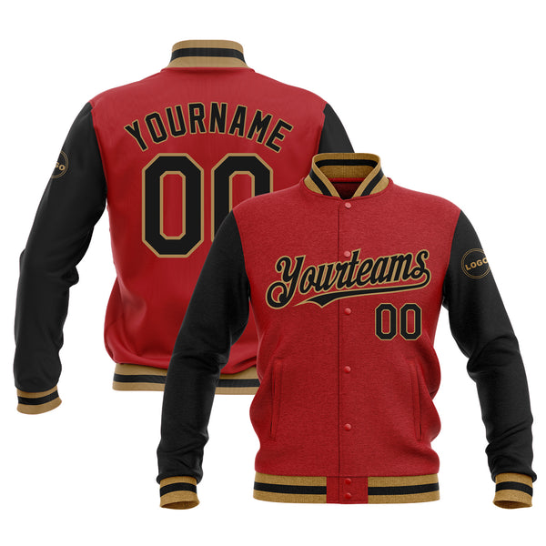 Custom Red Black-Old Gold Classic Style Two Tone Bomber Varsity Letterman Embroidered Jacket