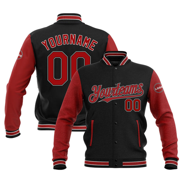Custom Black Red-White Classic Style Two Tone Full-Snap Bomber Varsity Letterman Embroidered Jacket