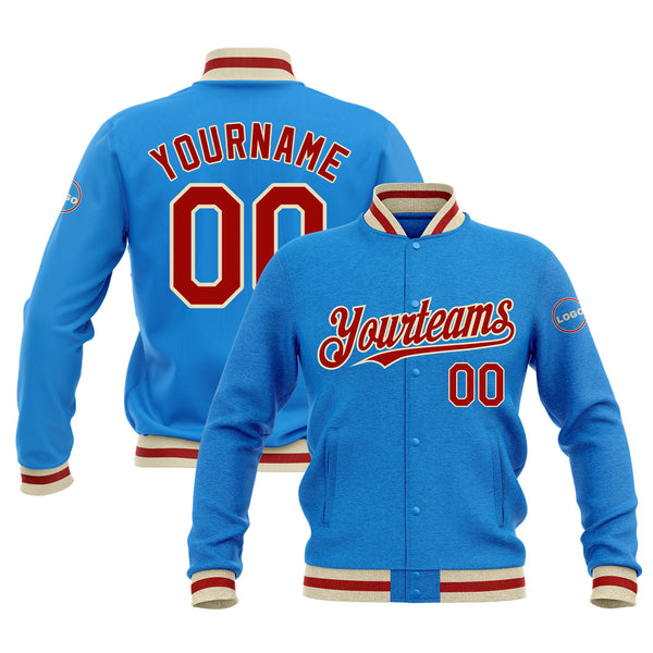 Custom Powder Blue Red-Cream Classic Style Bomber Varsity Letterman Embroidered Jacket
