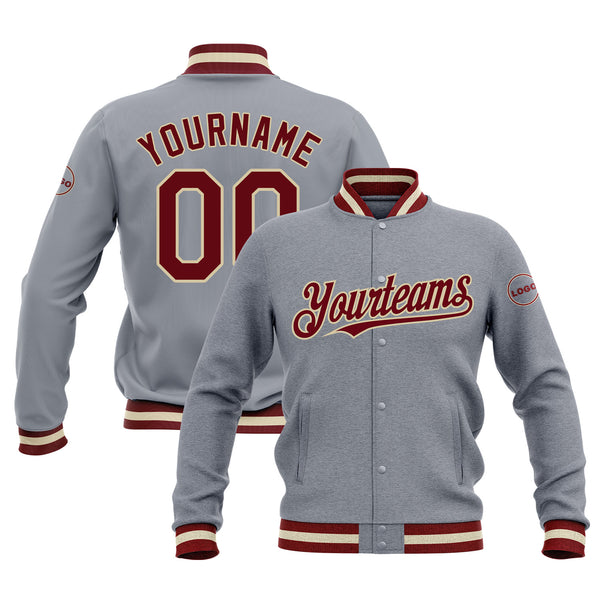 Custom Gray Maroon-Cream Bomber Varsity Letterman Embroidered Jacket