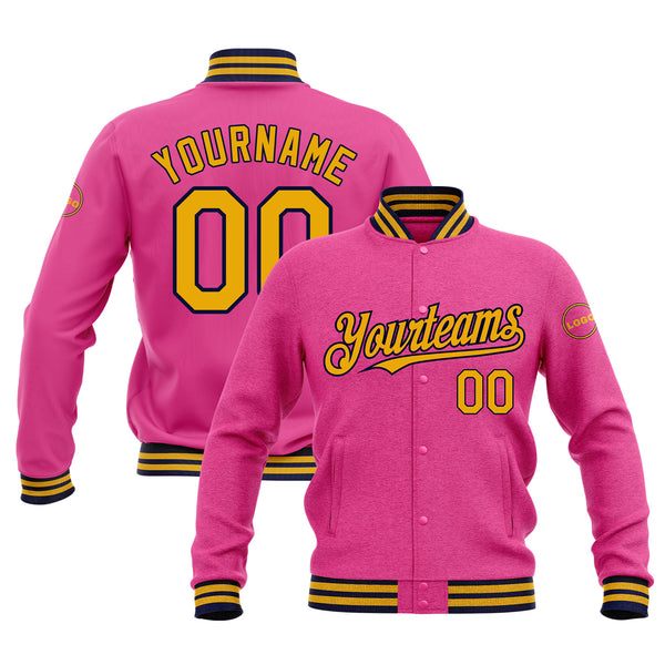 Custom Pink Gold-Navy Classic Style Bomber Varsity Letterman Embroidered Jacket