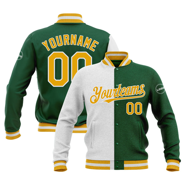 Custom Kelly Green Gold-White Classic Style Split Fashion Bomber Varsity Letterman Embroidered Jacket