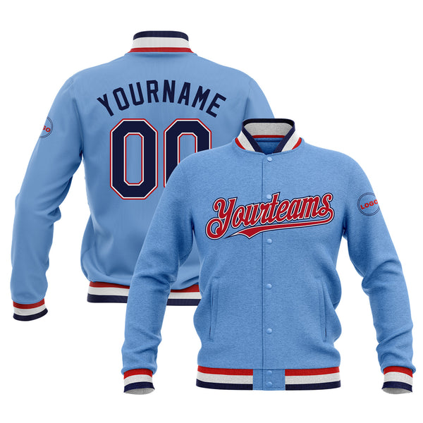 Custom Light Blue Navy White-Red Bomber Varsity Letterman Embroidered Jacket