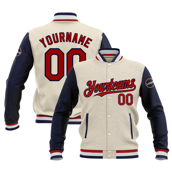 Custom Cream Red-Navy Classic Style Two Tone Full-Snap Bomber Varsity Letterman Embroidered Jacket