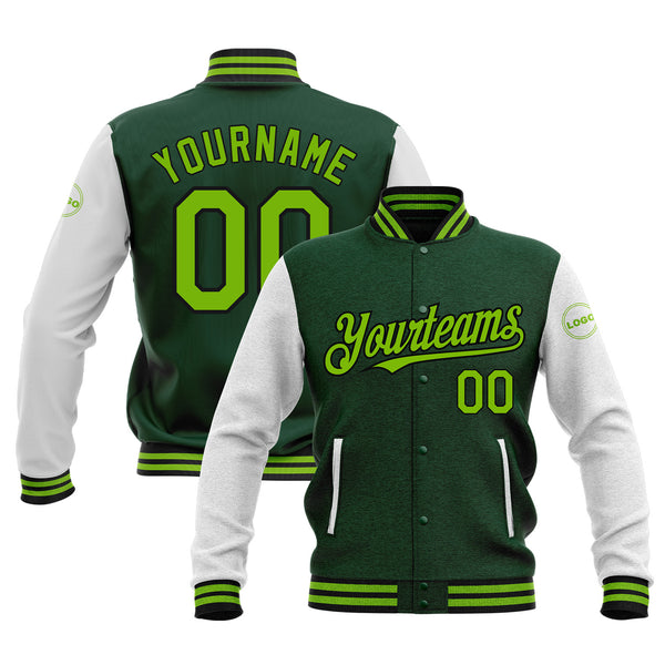 Custom Green Neon Green-Black Classic Style Two Tone Full-Snap Bomber Varsity Letterman Embroidered Jacket