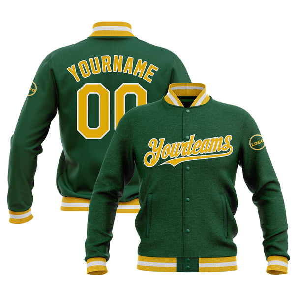 Custom Kelly Green Gold-White Bomber Varsity Letterman Embroidered Jacket