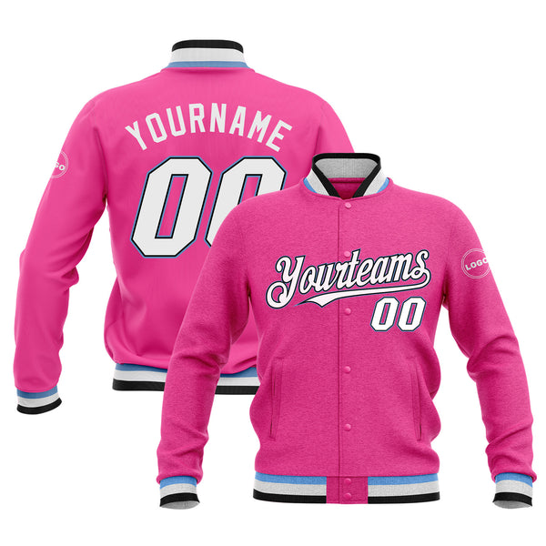 Custom Pink White Black-Light Blue Classic Style Bomber Varsity Letterman Embroidered Jacket
