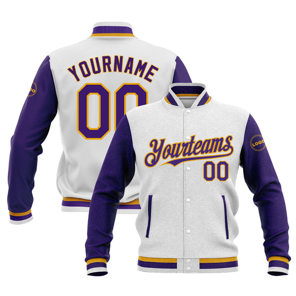 Custom White Purple-Gold Classic Style Two Tone Bomber Varsity Letterman Embroidered Jacket