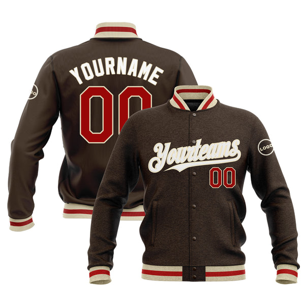 Custom Brown Red-Cream Classic Style Full-Snap Bomber Varsity Letterman Embroidered Jacket
