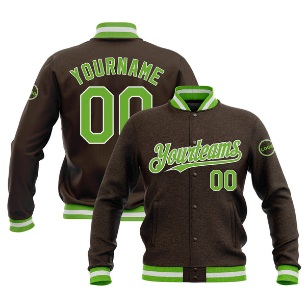 Custom Brown Neon Green-White Classic Style Full-Snap Bomber Varsity Letterman Embroidered Jacket