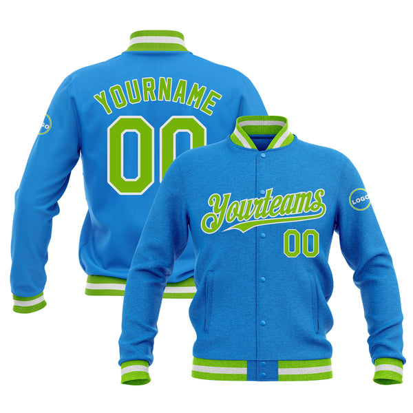 Custom Powder Blue Neon Green-White Classic Style Bomber Varsity Letterman Embroidered Jacket