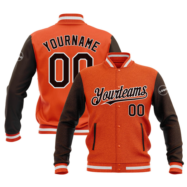Custom Orange Brown-White Classic Style Two Tone Bomber Varsity Letterman Embroidered Jacket