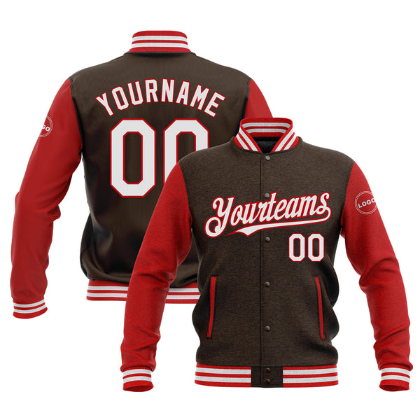 Custom Brown White-Red Classic Style Two Tone Full-Snap Bomber Varsity Letterman Embroidered Jacket