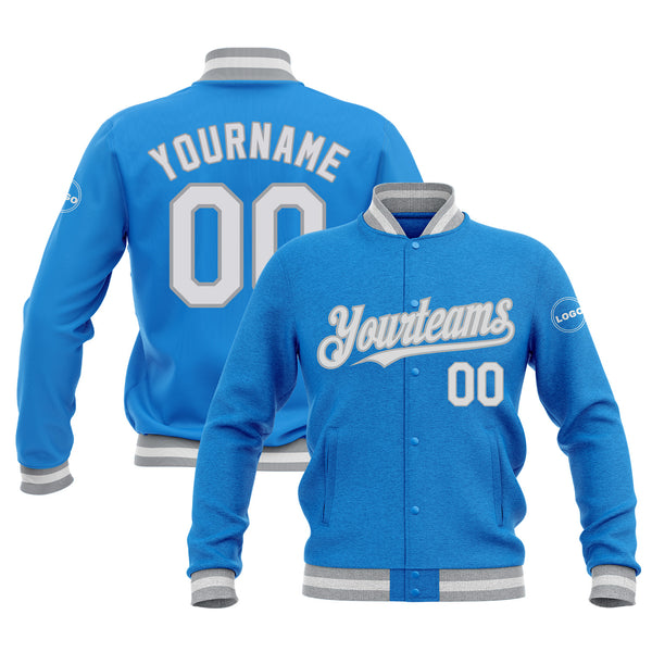 Custom Powder Blue White-Gray Classic Style Bomber Varsity Letterman Embroidered Jacket