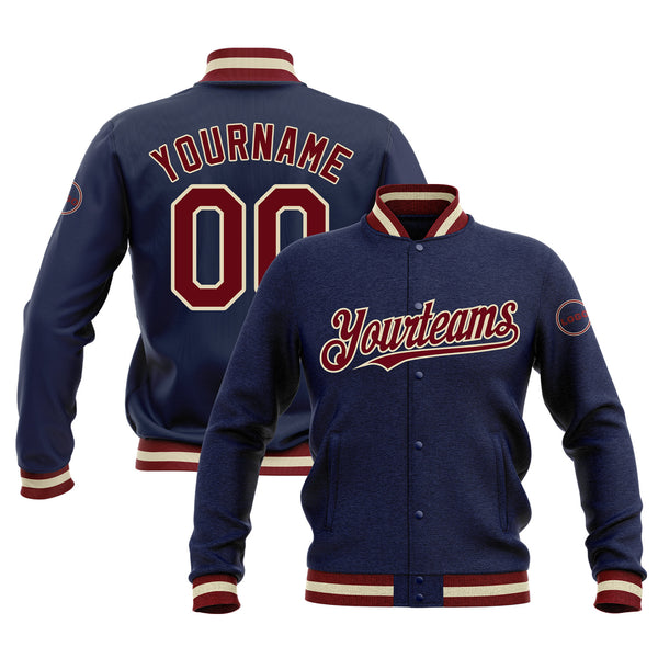 Custom Navy Maroon-Cream Bomber Varsity Letterman Embroidered Jacket