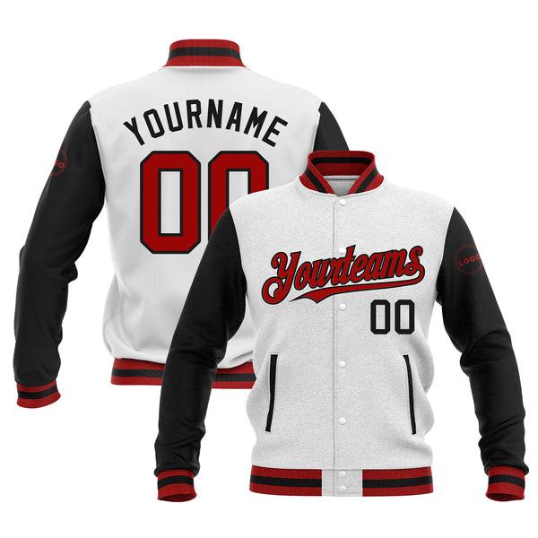 Custom White Red-Black Classic Style Two Tone Bomber Varsity Letterman Embroidered Jacket