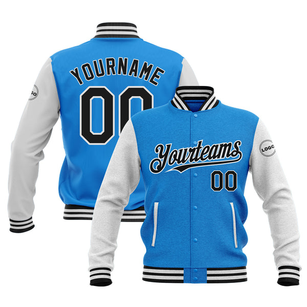 Custom Powder Blue Black-White Classic Style Two Tone Bomber Varsity Letterman Embroidered Jacket