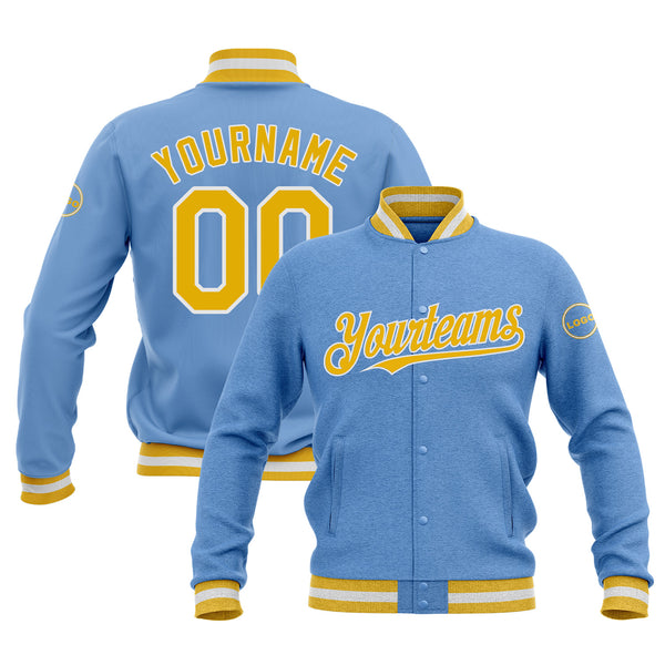Custom Light Blue Gold-White Bomber Varsity Letterman Embroidered Jacket