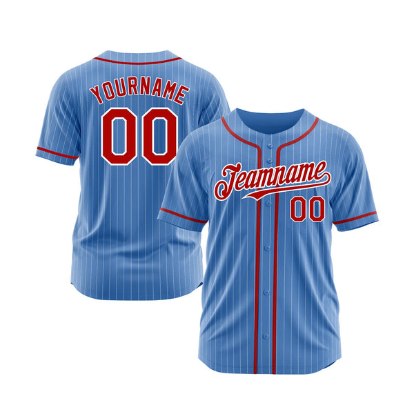 Custom Powder Blue White Pinstripe Red Classic Style Authentic Sports Baseball Jersey