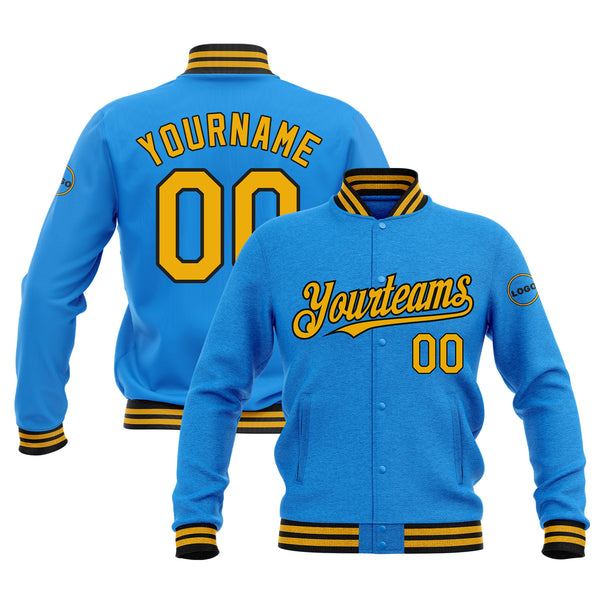 Custom Powder Blue Gold-Navy Classic Style Bomber Varsity Letterman Embroidered Jacket