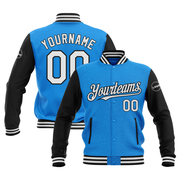 Custom Powder Blue White-Black Classic Style Two Tone Bomber Varsity Letterman Embroidered Jacket