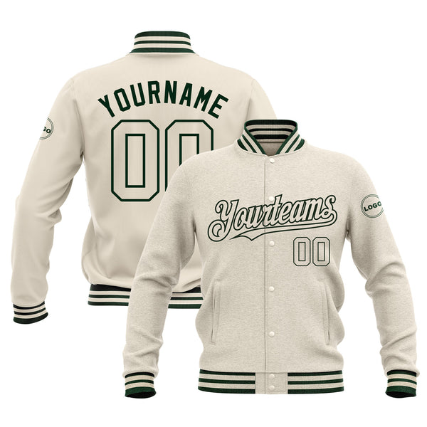 Custom Cream Cream-Green Classic Style Full-Snap Bomber Varsity Letterman Embroidered Jacket