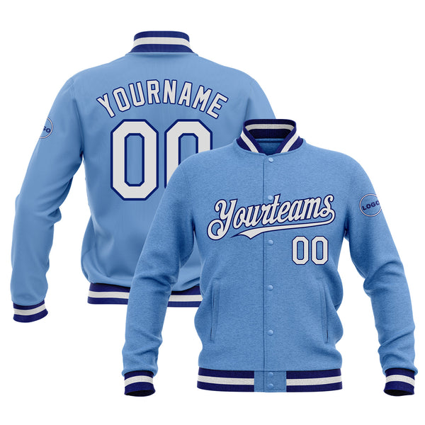 Custom Light Blue White-Royal Classic Style Bomber Varsity Letterman Embroidered Jacket