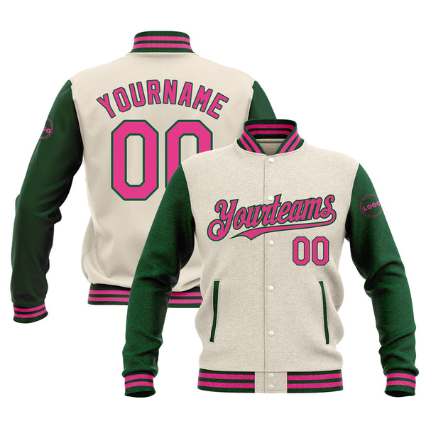 Custom Cream Pink-Kelly Green Classic Style Two Tone Full-Snap Bomber Varsity Letterman Embroidered Jacket