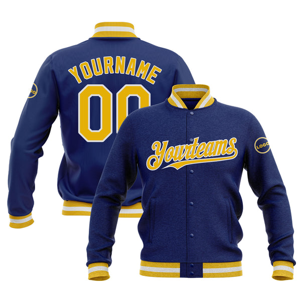 Custom Royal Gold-White Bomber Varsity Letterman Embroidered Jacket
